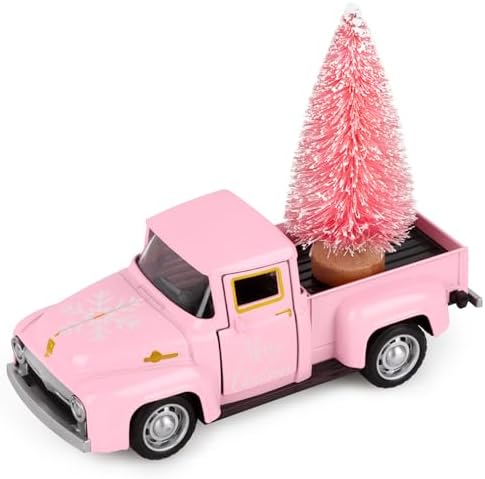 Christmas Metal Truck Decor with Pink Christmas Tree Mini Metal Farm Truck Farmhouse Tiered Tray Decor for Home Kitchen Tabletop Ornament Home Kitchen Table Decorations by Fowecelt