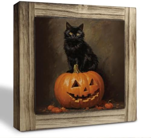 Black Cat Pumpkin Wood Plaque Sign, Halloween Art Decor Sign for Mantel 15 by XJCUG