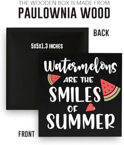 IYEZH Summer Decor Watermelon Wood Box Sign 5 x 5 Inches Desk Decor Rustic Country Wooden Square Sign Decor Watermelon Summer Decorations for Home Beach House Outdoor Shelf Wall Farmhouse Table Shelf - Image 2