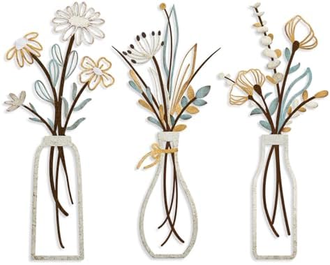 Pigort 3 Pieces Metal Flowers Wall Art- Rustic Farmhouse Decor Minimalist Decor for Living Room Bathroom Bedroom Dining Room, Housewarming Gifts Christmas Decoration(Beige, Vase-C) by Artisinfiniteloveiseternaljustlikepi