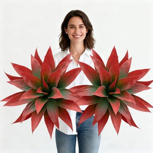 Artificial Agave Faux Agave Fake Greenery Outdoor Artificial Plants Fake Plants 28" for Indoor Home Decor Plastic Plants Outdoor Decor Front Porch Decor Simulation Plants(Red) 2pcs No Vase by ENALGRE