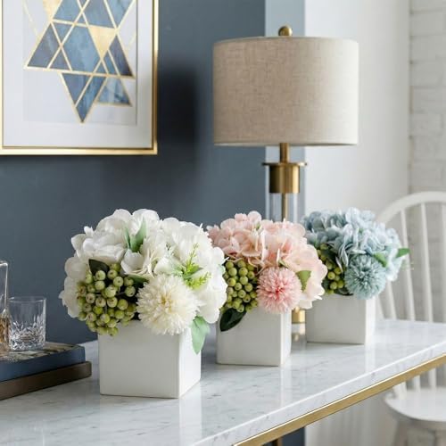 TKAS Fake Flowers Arrangement in Ceramic Vase, Artificial Faux Silk Hydrangea & Green Berries, Small Realistic Dried-Style Floral Centerpiece for Dining Table, Wedding Party Home Decoration (White) - Image 4