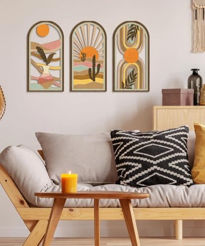 Putuo Decor Boho Wall Art Set of 3, Modern Minimalist Wooden Wall Decor, Desert Cactus Sun Abstract Aesthetic Room Decorations, Mid-Century Artwork for Living Room, Bedroom, Office (White, 16×8 in - Image 4