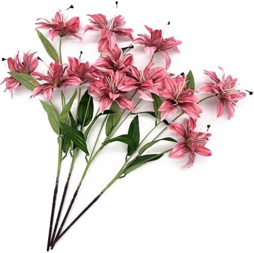 Artificial Lily Flowers, Vintage Silk Flower Long Stems Stargazer Lilies Full Bloom Lily Faux Plant Tiger Bouquets for Home Decor Indoor Hotel Wedding Party Fake Floral Arrangement - Coral Pink 4 Pack - Image 4