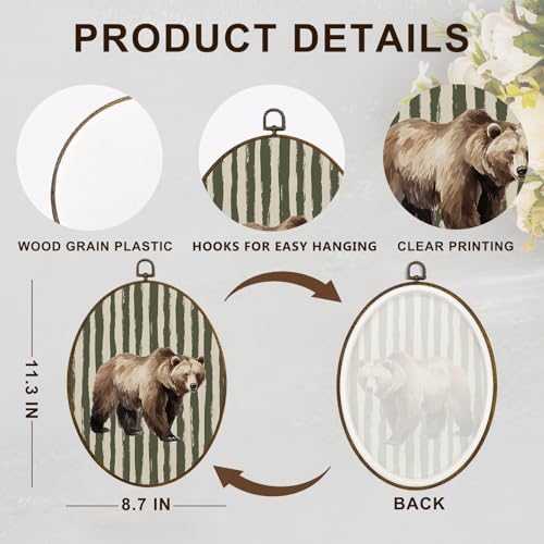 dvhdajed Vintage Brown Bear Oval Wall Art Decor, Sage Green Striped Baby Boy Room Framed Canvas Art, Farmhouse Rustic Bear Wall Hanging Decor for Boys Nursery, Farm Animal Decorations, 8.7x11.3 Inch - Image 7