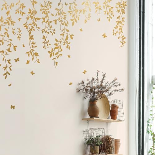 Gold Metallic Wall Decals Peel and Stick Large Wall Stickers Large Sketch Minimal Line Transfer for Women Living Room, Bedroom Decor, Vines Gold by Flortlias