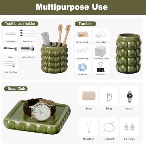 4 Piece Ceramic Bathroom Accessories Set –Soap Dispenser,Toothbrush Holder,Tumbler & Soap Dish,Includes Silicone Funnel,Non-Slip,Modern Farmhouse Countertop Organizer Set for Bathroom Decor, Green - Image 5