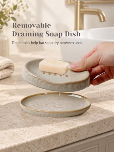 INGOFIN Ceramic Bathroom Accessories Set, Soap Dispenser &Toothbrush Holder - Image 6