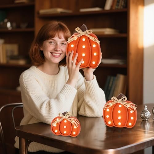 3 Pcs Light up Fall Pumpkin Decor Table Centerpieces Wooden Pumpkin Block Sign Rustic Tiered Tray Decorations Standing for Autumn Harvest Farmhouse Fall Mantel Desk Office Party - Image 4