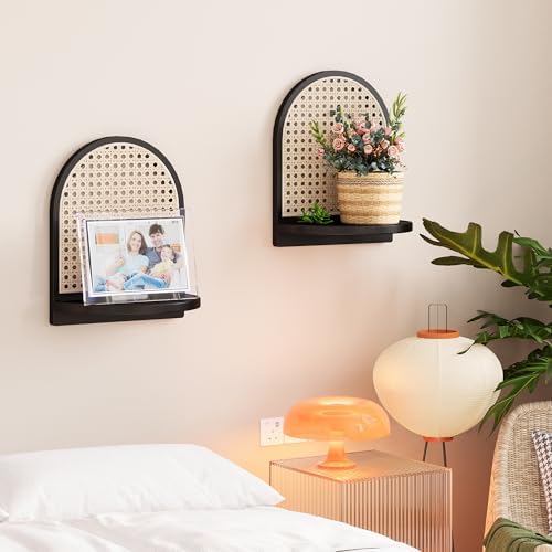 Rattan Shelf Set of 2, 7'' Black Rattan Shelf with Wicker Decor, Boho Wall Decor Small Floating Shelf for Plant Figurines Display, Mini Shelves for Knick Knack Storage - Image 2