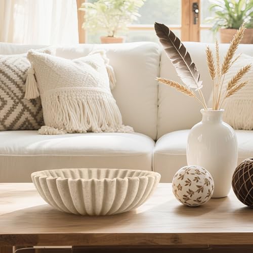 10'' Large Ruffle Decorative Fruit Bowl for Entryway Coffee Table Scalloped Purse Key Holder Kitchen Countertop Console Modern Organic Home Decor, Artificial Stone Beige - Image 3