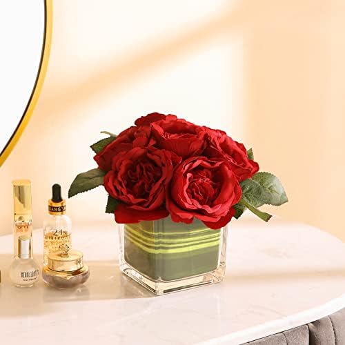 Artificial Peony Silk Flower Centerpieces Faux Floral Arrangement in Glass Vase for Home Wedding Table Decoration (Red) - Image 3