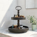 Creative Co-Op Distressed Blackwashed Wood 2-Tier Tray with Metal Handle - Image 7