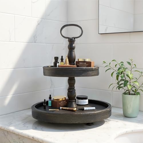 Creative Co-Op Distressed Blackwashed Wood 2-Tier Tray with Metal Handle - Image 7