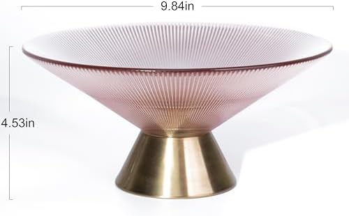 Tapered Glass Decorative Bowl(Pink) , 9.8 Inches Handblown Striped Design Glass Bowl with Rust Resistant Metal Base,Decorative Fruit Bowl for Home Decor,Table Centerpiece,Kitchen Island,Dining Decor - Image 5