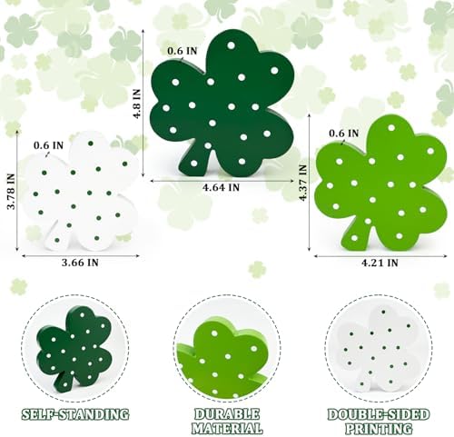 St Patricks Day Decorations 3 PCS, Wooden Green Shamrock Decoration for Home Table, Irish Lucky Clover Signs Decor for Tiered Tray Mantel Office, Saint Patricks Gifts Centerpiece for Indoor Party Desk - Image 3