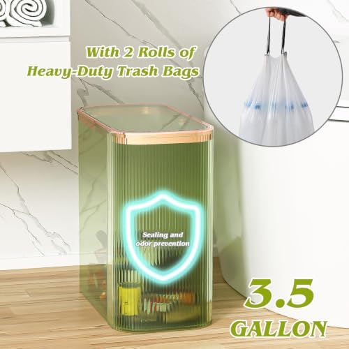 Green Bathroom Accessories Set, 3.5 Gal Trash Can with Press-Top Lid and Garbage Bags, Glass Bathroom Set, Soap Dispenser, Toothbrush Holder, Tumbler, Qtip Holders, Vintage Bathroom Sink Set Decor - Image 4