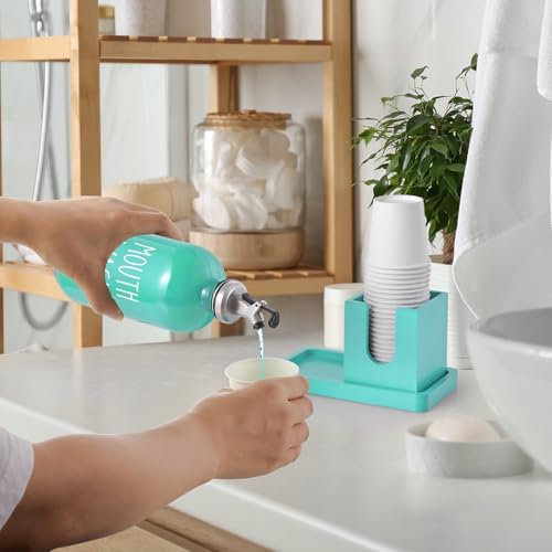 Turquoise Mouthwash Dispenser for Bathroom, 16 OZ Glass Mouthwash Dispenser with Wood Cup Holder and Tray, Mouth Wash Bottle Container, Teal Kitchen Bathroom Decor and Accessories - Image 6