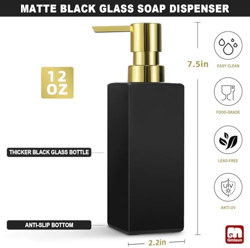 GMISUN Gold Hand Soap Dispenser, Black Glass Soap Dispenser with Gold Pump for Bathroom, 12 fl oz/350ml Refillable Dish Dispensers for Kitchen, Modern Liquid Lotion Bottles for Countertop - Image 2