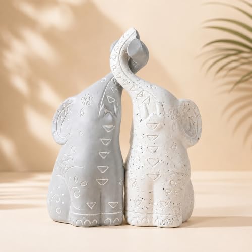 OwMell Set of 2 Loving Elephant Statue Figurine, 6" Elephant Ring Holder by OwMell