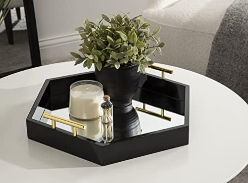 Kate and Laurel Lipton Modern Hexagon Mirrored Tray; 18 x 18; Black and Gold; Midcentury Decorative Serving Tray for Storage and Display - Image 2