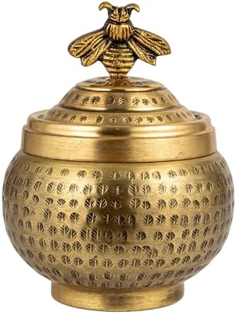 Creative Co-Op Round Hammered Metal Container with Bee Finial, Brass Finish - Image 7