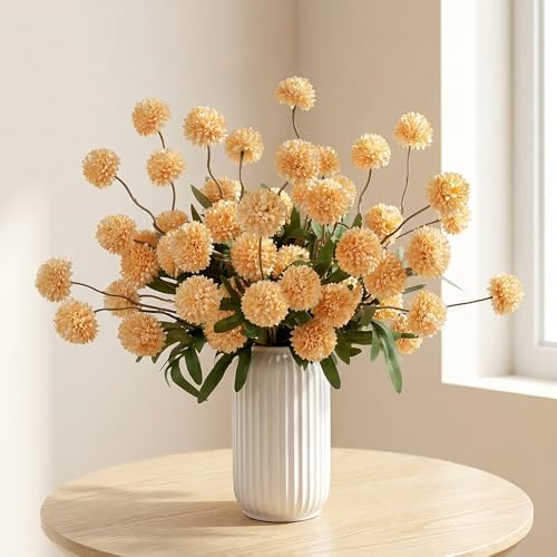 10Pcs 20.5" Artificial Pompon Mum Silk Flower Stems, Fake Chrysanthemum Ball Faux Flowers for Vase, Fall Floral Stems for Indoor Home Decor Wedding Centerpieces, Orange (No Vase) - Image 2