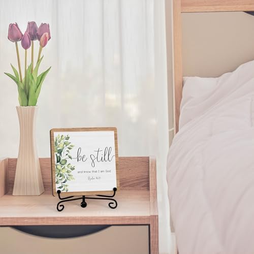 Inspirational Christian Desk Decor, Be Still And Know That I Am God Rutsic Sign, Desk Decorations For Office Home Living Room Bathroom, Eucalyptus Shelf Decor, Wooden Plaque With Stand (03) - Image 4
