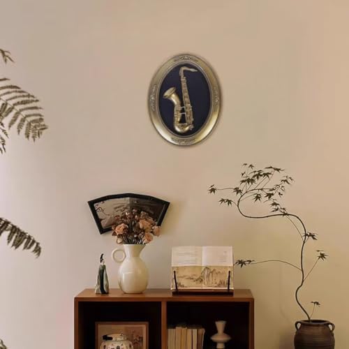 S-MANTIS Vintage Wall Sculpture,Antique Pediment,Hallway Wall Art,Hand Painted Instrument Wall Decoration Accent Artworks for Indoor Kitchen Bedroom Living Room Office Outdoor Garden Patio Oval (Bronze Saxophone) - Image 4