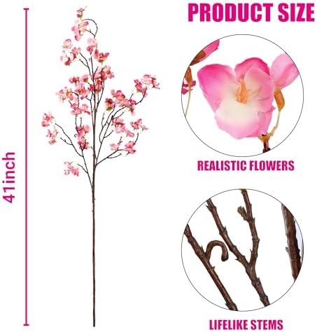 Sggvecsy Artificial Cherry Blossom Flowers 4 Pcs Faux Cherry Blossom Stems Faux Silk Cherry Blossom Branches 41’’ Fake Flowers Long Stems for Vase Arrangements Home Wedding Table Decor (Rose red) - Image 7