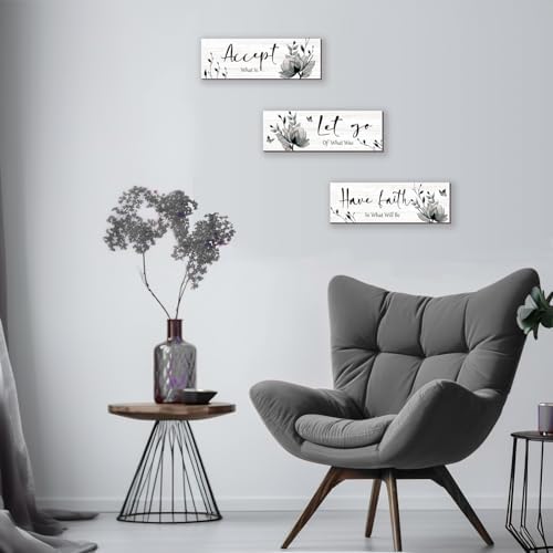 3 Pcs Black And White Bathroom Decor Rustic Flower Black Wall Art Accept Let Go Have Faith Farmhouse Bedroom Wall Decor Wooden Inspirational Quotes Grey Decoration for Living Room(Black,16 x 5 Inches) - Image 3