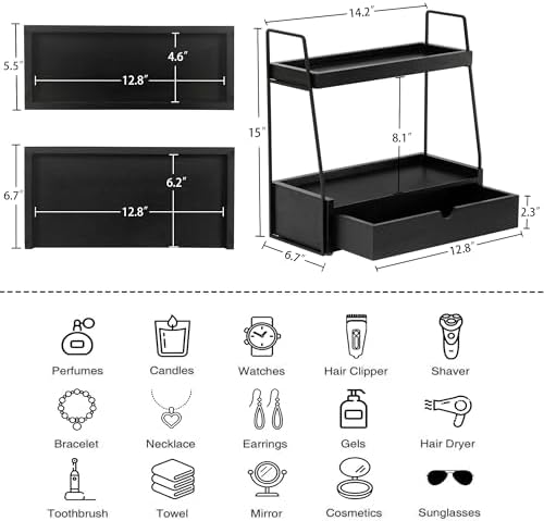 2-Tier Bathroom Countertop Organizer with Drawer, Wood Vanity Shelf Black - Image 6