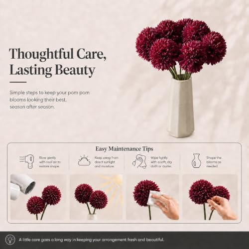 Mandy's 12pcs Artificial Burgundy Ball Chrysanthemum Flowers - Image 6