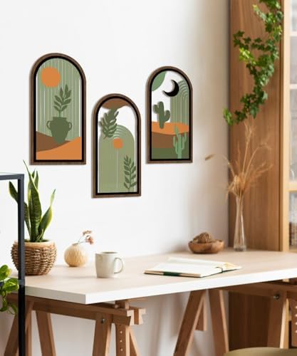 Putuo Decor Boho Wall Decor with Cactus, Modern Wooden Minimalist Wall Decor, Abstract Green Room Decorations 16x8 In Mid Century Artwork for Living Room Bedroom Office in Desert Green Set of 3 - Image 6