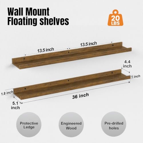 36inch Long Floating Shelves for Wall Decor, 5-Set Shelves with Lip, Brown - Image 3