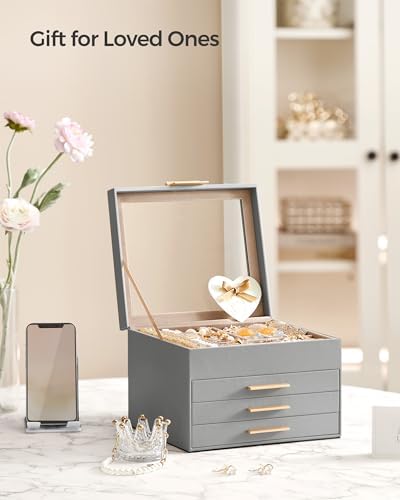 SONGMICS Jewelry Box Organizer, 4-Layer Storage with 3 Drawers, Glass Lid - Image 2