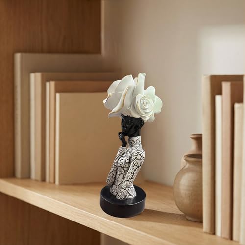 Lescafita African Woman Sculpture with White Rose Headdress, Black and White Resin Statues, Modern Abstract African Art Statue for Home Decor Shelf Table Office Display - Image 6