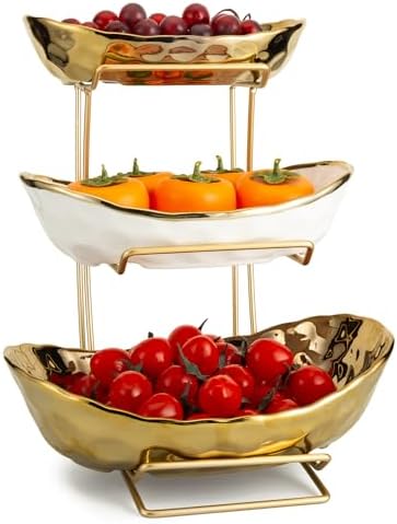 3 Tier Ceramic Fruit Bowl for Kitchen Counter with Metal Rack, Fruit Basket with Stand, Porcelain Bowls for Vegetable Bread Candy Snack Nuts Dessert Cake Tray (Gold 3 Layer) - Image 7
