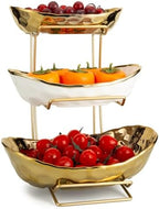 3 Tier Ceramic Fruit Bowl for Kitchen Counter with Metal Rack, Fruit Basket with Stand, Porcelain Bowls for Vegetable Bread Candy Snack Nuts Dessert Cake Tray (Gold 3 Layer) - Image 7