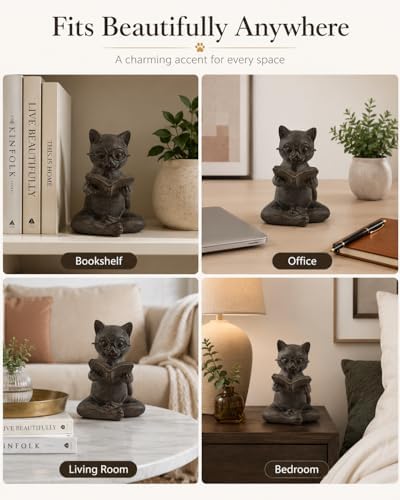 Bronze Cat Figurine Reading Book, Resin Home Décor Accents Statue with Glasses, Cute Tabletop Decor for Bookshelf Desk Office Library, Cat Lovers Gifts for Women Man Teacher Student (Reading Cat) - Image 3