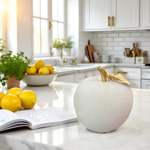 Sandstone White Apple Figurine with Gold Leaf, Textured Resin Fruit Sculpture, Modern Neutral Home Decor Statue Accent for Kitchen Counter, Coffee Table, Shelf & Dining Table Centerpiece - Image 2
