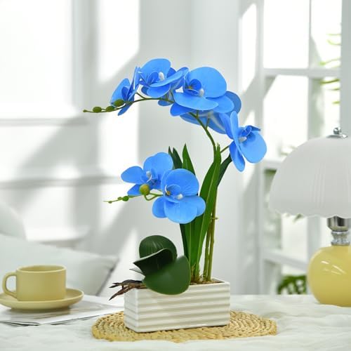 Artificial Real Touch Orchid Flowers with White Ceramic Vase, Blue - Image 5
