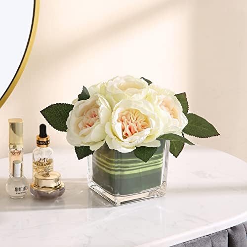 Artificial Peony Silk Flower Centerpieces Faux Floral Arrangement in Glass Vase for Home Wedding Table Decoration (Champagne) - Image 3