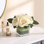Artificial Peony Silk Flower Centerpieces Faux Floral Arrangement in Glass Vase for Home Wedding Table Decoration (Champagne) - Image 3