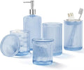Blue Glass Bathroom Accessories Set 5 Piece, Vintage Ribbed Soap Dispenser, Toothbrush Holder, Tumbler, Qtip Jars, Cute Aesthetic Vanity Organizer for Home, Restroom Countertop Decor by BSSN