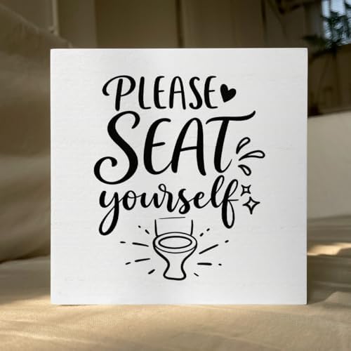 Funny Rustic Bathroom Decor Wooden Box Sign 5x5 Inch - "PLEASE SEAT yourself" Humorous Restroom Shelf Table Decor, Farmhouse Style Wall Countertop Ornament for Home Guest Bathroom Housewarming Gift - Image 5