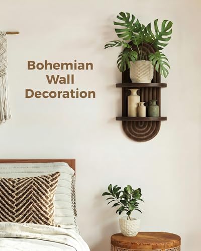 Bamworld Boho Wall Decor Plant Wall Shelf Mid Century Modern Decor Hanging 22in Plant Shelf 2-Tier Wooden Floating Shelves Walnut - Image 4