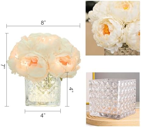 Artificial Peony Silk Flower Centerpieces with LED Light Faux Floral Arrangement in Glass Vase for Home Wedding Table Decoration (Cream White) - Image 2