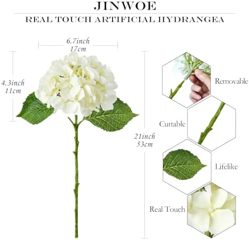 JINWOE 4PCS White/Cream Hydrangea Artificial Flowers, 21" Lifelike Latex Silk Real Touch Faux Hydrangea Flowers, Artificial Hydrangeas Bouquet for Wedding Centerpieces Tables Party Home - Image 3