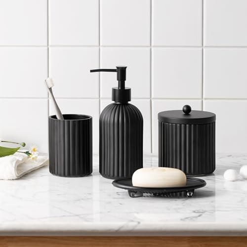 4PCs Heavy Weight Decent Glass Bathroom Accessories Set with Decorative Pressed Pattern - Includes Hand Soap Dispenser & Tumbler & Soap Dish & Toothbrush Holder (Black) - Image 2